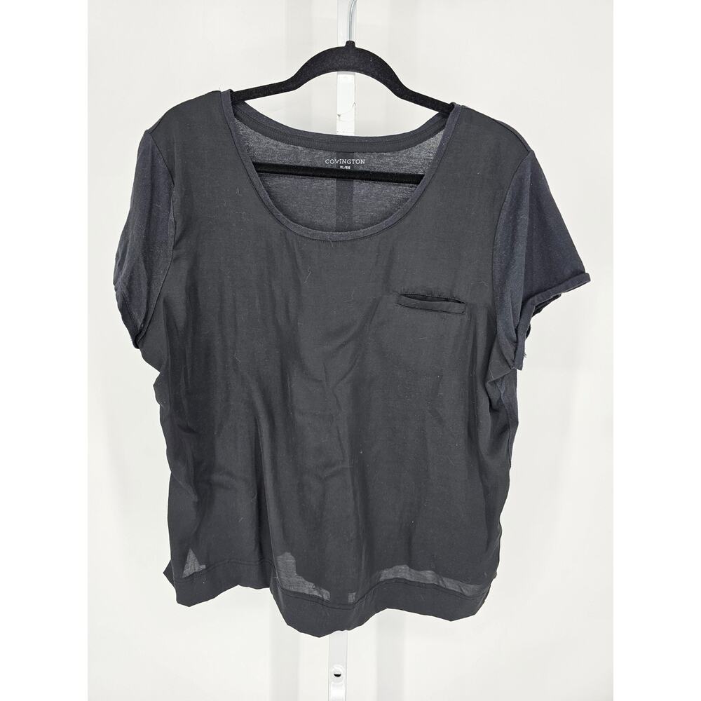 Covington Womens Sz XL Loose Fit Short Sleeve Blouse Black Flowy Crew Neck